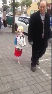 Il se promène avec son chien déguisé en écolière !