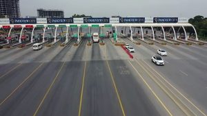 Aerial View of Traffic at Urban Toll Plaza