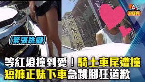 等紅燈撞到愛！騎士車尾遭撞 短褲正妹下車急跳腳狂道歉