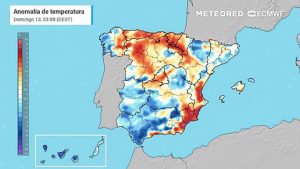 Anomalía de temperatura prevista para los próximos días en España.