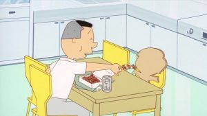 段ボールで作ったイクラに焼き鳥を食べさせるノリスケ
