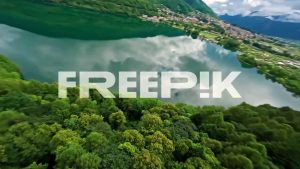 lush green forest surrounds the serene lago di levico, reflecting the cloudy sky, aerial view
